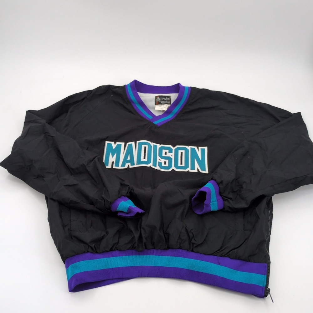 Vintage Butwin Madison Windbreaker Pullover XL Black V-Neck Purple Teal Trim
